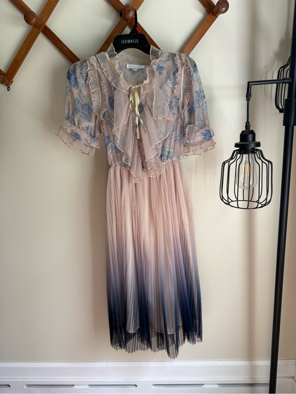 Chicwish Blush and Navy Floral Ruffle Tie-Neck Blouse - Picture 4 of 4